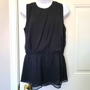 Kate Hill Black Gauzy Asymmetric Pleats Peplum Sleeveless Top Blouse Size 6